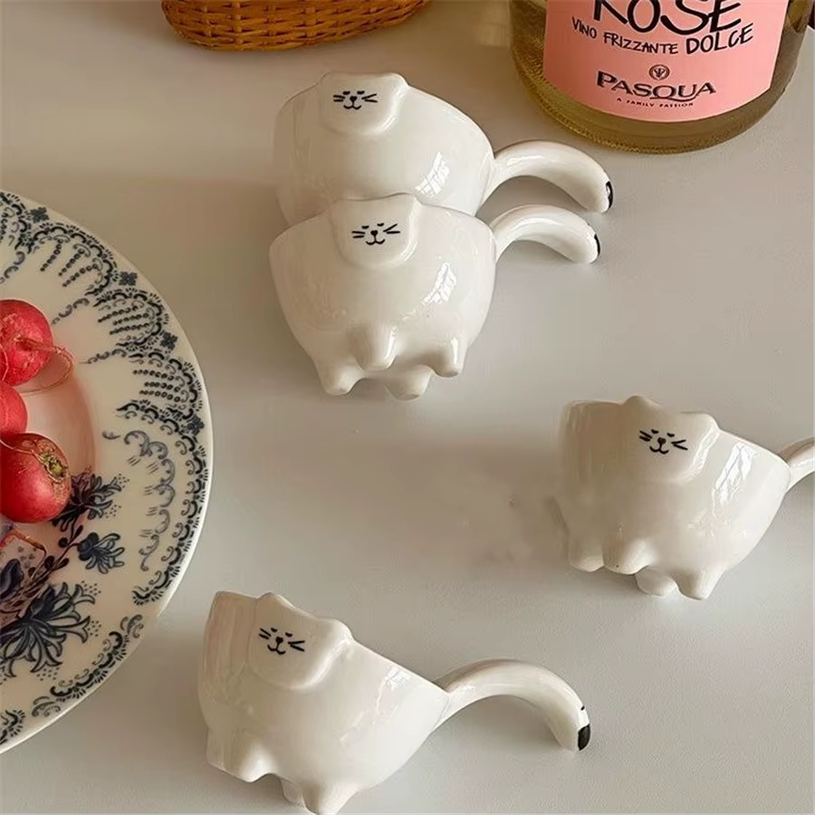 Petite tasse à café et à lait en forme de chat, petit bol à saccharine en céramique avec poignée, petite assiette à ingrédients mignons, 20ml, 0.7oz