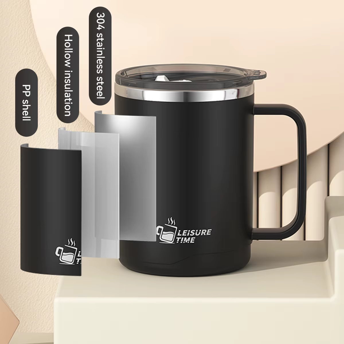 WORTHBUY Tasse à café isolée à double paroi en acier inoxydable 304 avec poignée