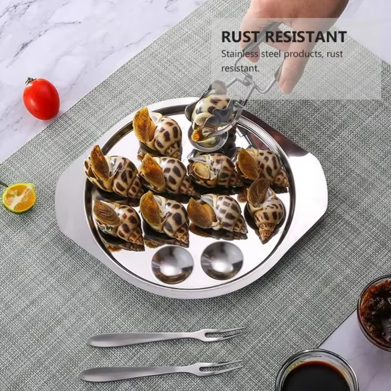 Assiettes à escargots en acier inoxydable avec 12 trous de compartiment, plat d'escargot de fruits de mer de 7.2 pouces, assiette ronde à huîtres, plateau de service d'escargot
