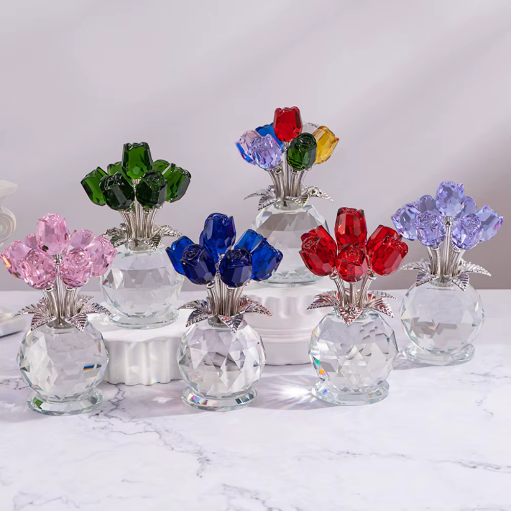 Ornement de table en verre en forme de rose