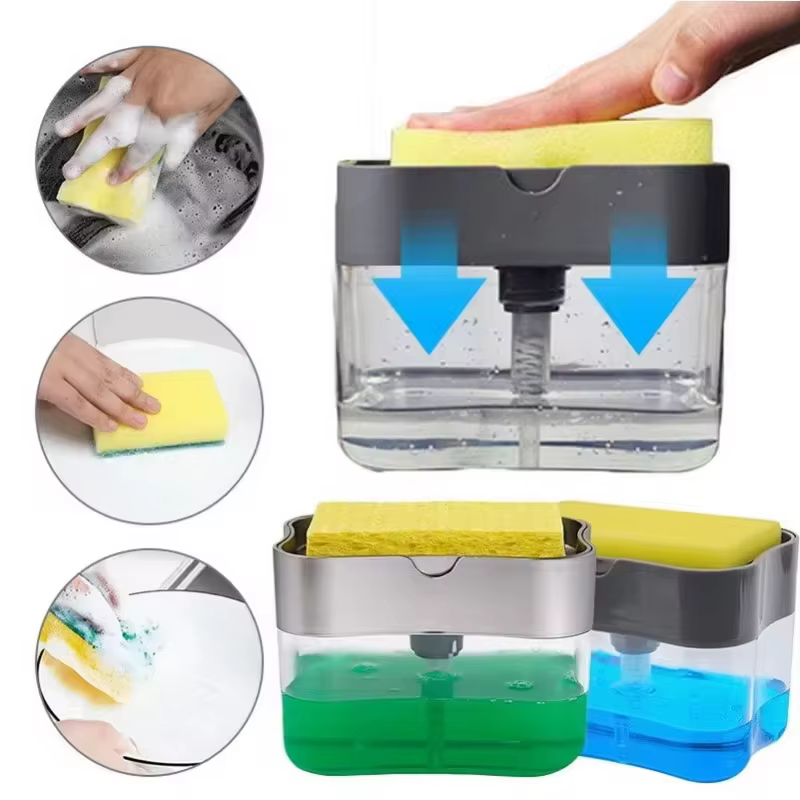 Distributeur de savon à vaisselle avec brosse de nettoyage automatique pour cuisine, distributeur de liquide et brosse à vaisselle intégrés