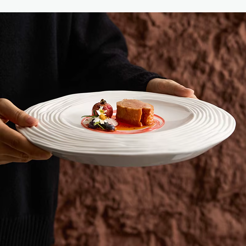 Assiette en céramique à motif ondulé mat, assiette à dessert double couche, assiette à steak, plat à pâtes, assiettes de service, vaisselle de cuisine moléculaire