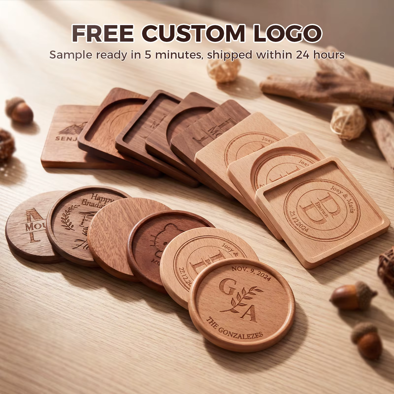Coaster Gift 2 pièces gratuit personnalisé gravé sous-verres en bois avec rainure sur mesure pour cadeau de mariage cadeaux d'anniversaire de couple
