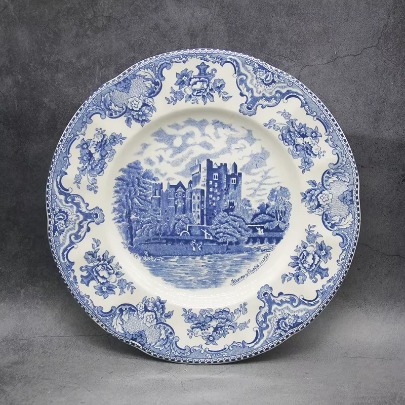 Queset de châteaux de Grande-Bretagne bleus, style européen, QueWare, assiette de petit déjeuner en céramique, plats de boeuf, plat à dessert, bol à soupe