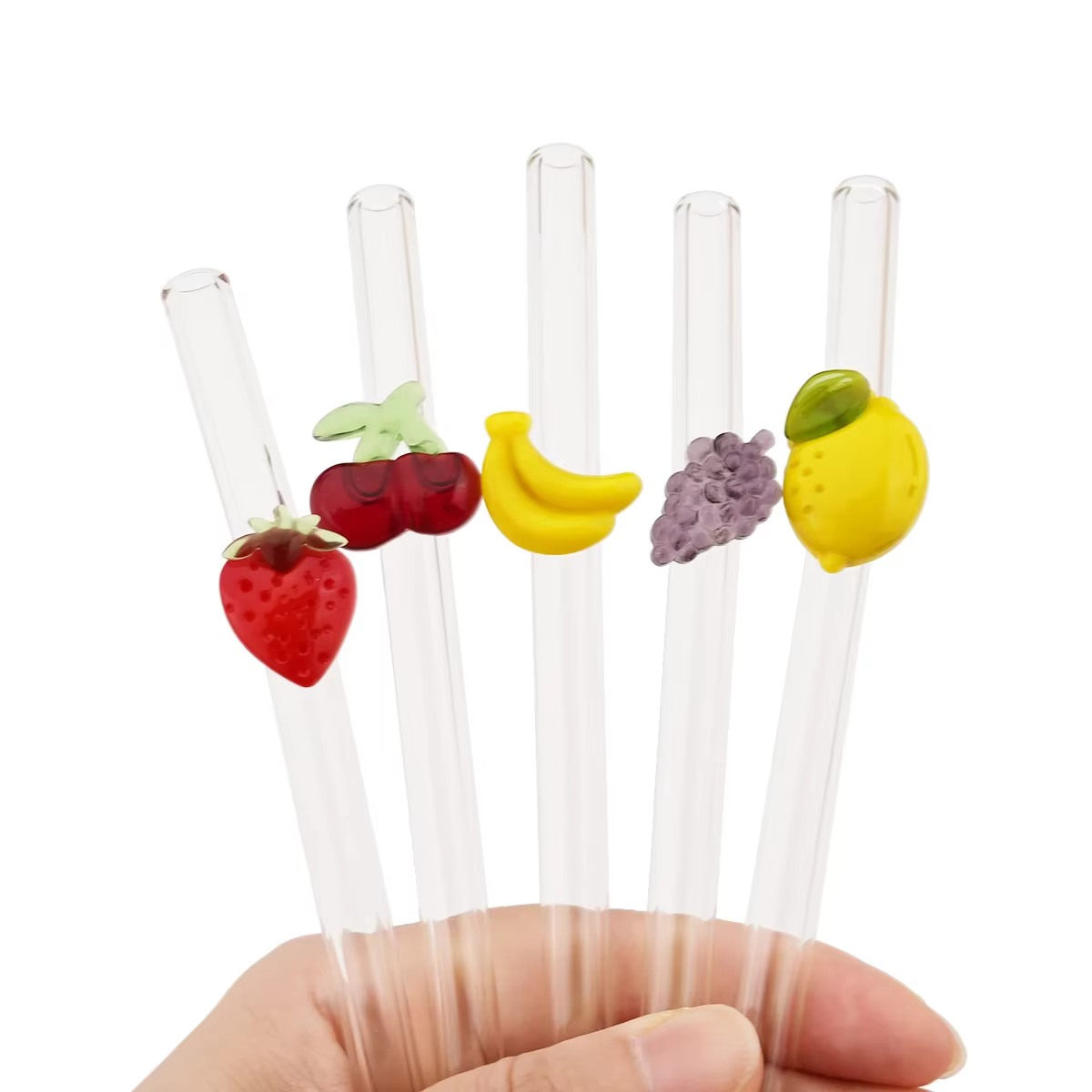 Ensemble de pailles en verre à haute teneur en Borosilicate, 5 pièces, autocollants créatifs pour fruits, thé au lait, jus, paille à Cocktail avec brosse, accessoires de Bar