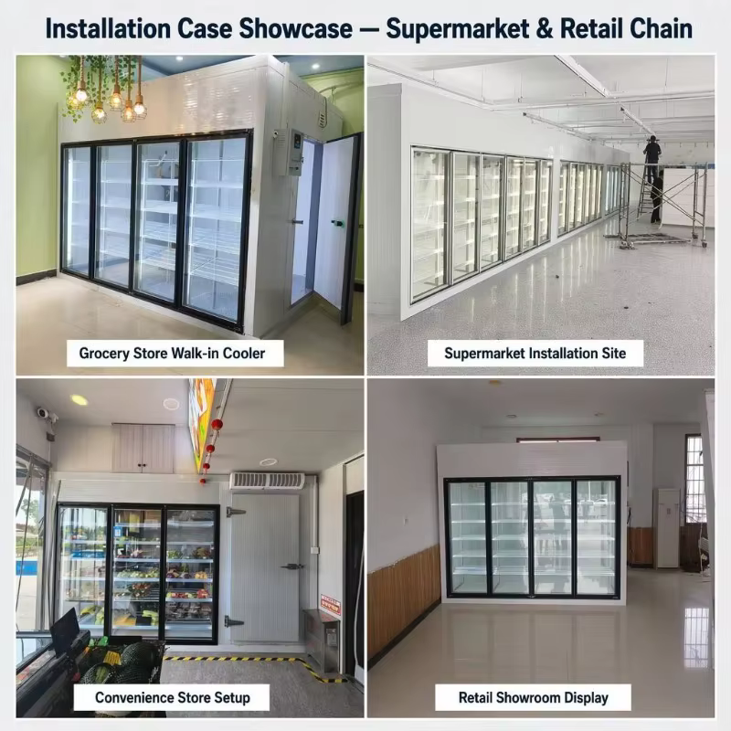 Chambre froide à porte vitrée accessible par chariot élévateur, espace interne optimisé pour le stockage de grandes quantités de boissons en gros et la réapprovisionnement.