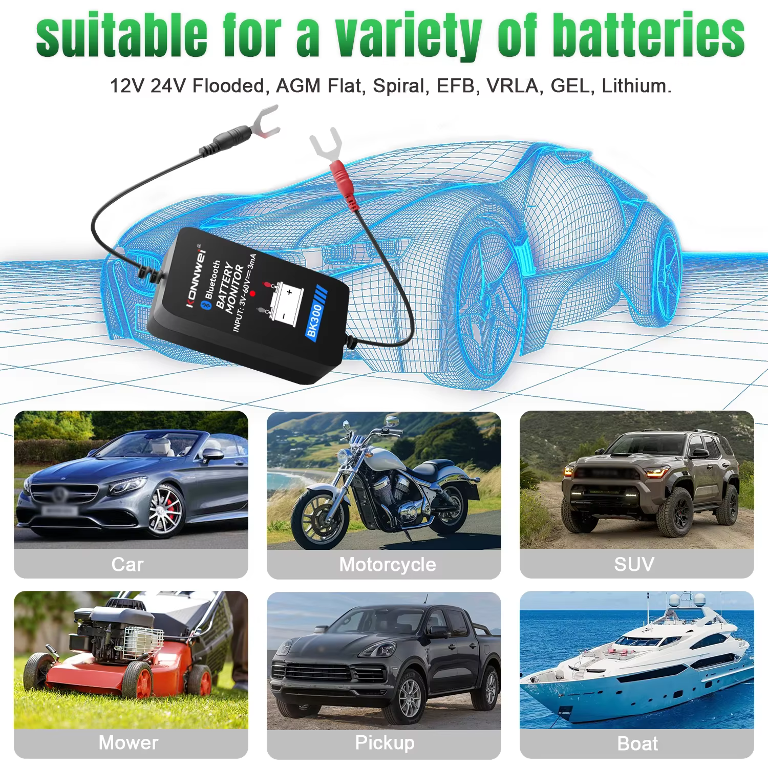 KONNWEI BK300 12V testeur de batterie sans fil Bluetooth 5.2 moniteur de batterie affichage LED SOH SOC analyseur de batterie outils de test automatique