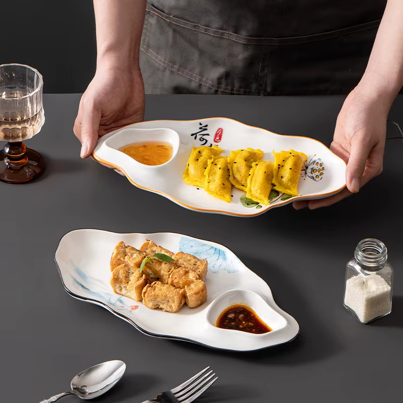Assiette à raviolis 1 pièce avec coupelle à vinaigre, forme créative spéciale, pour restaurant et usage domestique, assiette à frites et raviolis, vaisselle de table domestique