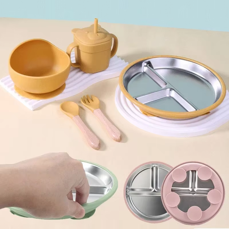 Vaisselle pour enfants en acier inoxydable 304 - Assiette divisée avec base d'aspiration en silicone pour la formation