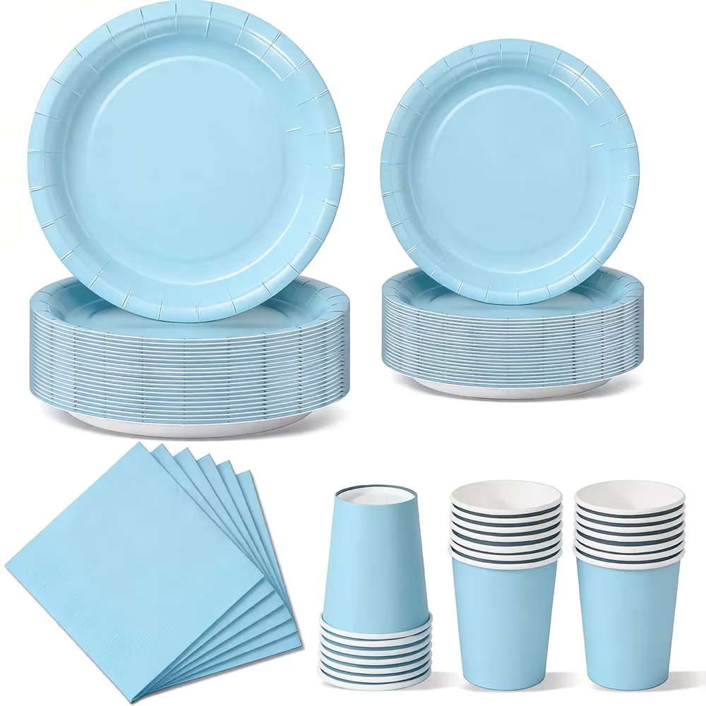 Vaisselle Jetable Bleu Clair Assiettes En Papier Tasses Serviettes Pour Garçon Baby Shower Fête D'anniversaire Décoration Révélation De Genre Baptême Fournitures De Table Pastel Élégant