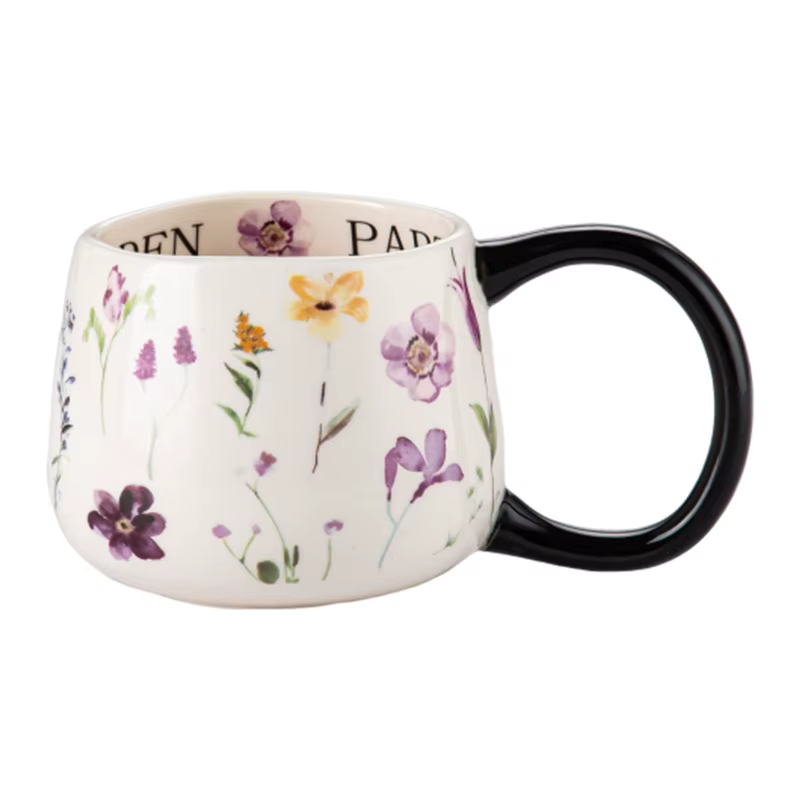 Tasse à café en céramique colorée à motif floral 380 ml avec grande poignée abstraite