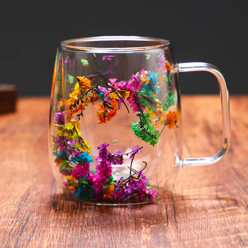 Tasse à café en verre à fleurs séchées, 390ml, Double paroi, verres à boissons, tasse à thé, pour jus de lait, cadeaux d'anniversaire