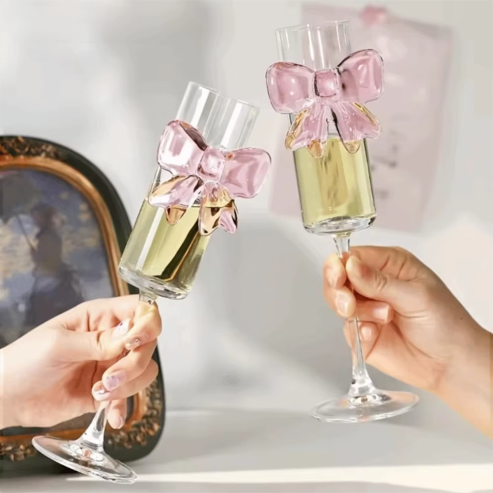 Verre à Champagne avec nœud rose clair
