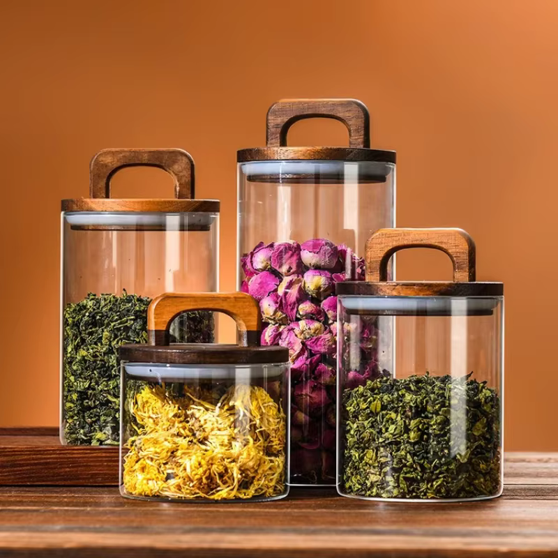 Bocaux en verre pour grains de café avec couvercle en bois