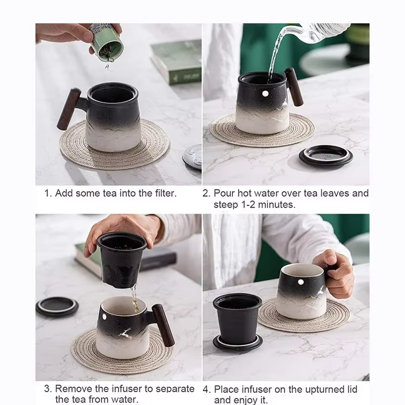 Tasse à café thermique en céramique avec poignée en bois