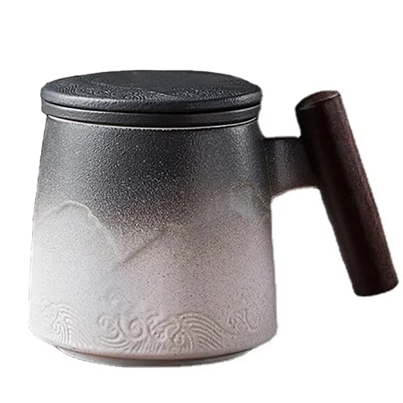 Tasse à café thermique en céramique avec poignée en bois
