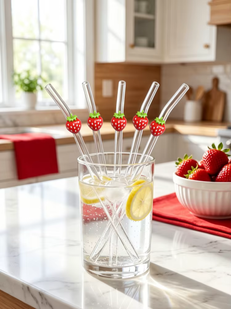 Pailles en verre courbées rouge fraise (1/3/6 pièces) pour boissons chaudes et froides, fournitures de cuisine, décoration de camping, cadeau de vacances et accessoire photo
