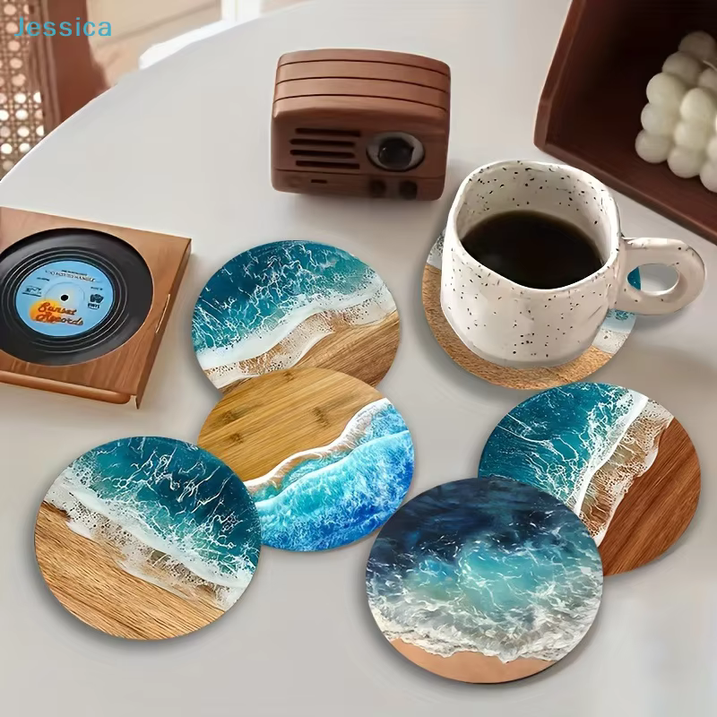 ♥ Ensemble de sous-verres océan vague et Grain de bois