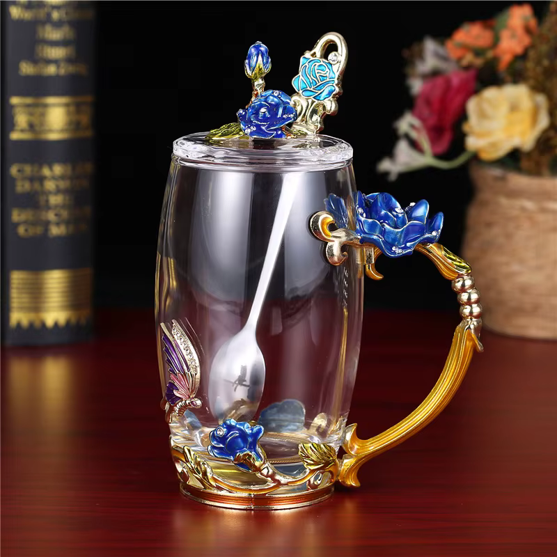 Tasse d'eau en verre émaillé en relief fleur de Rose