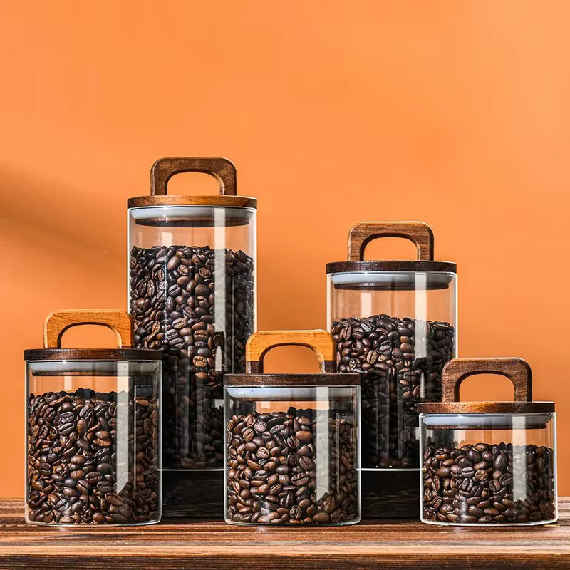 Bocaux en verre pour grains de café avec couvercle en bois