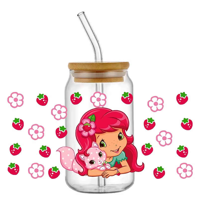Mignon baies fraise UV DTF tasse enveloppement 16oz Libbey verre bière bricolage fraise fille cadeau pour ses autocollants de transfert à la mode