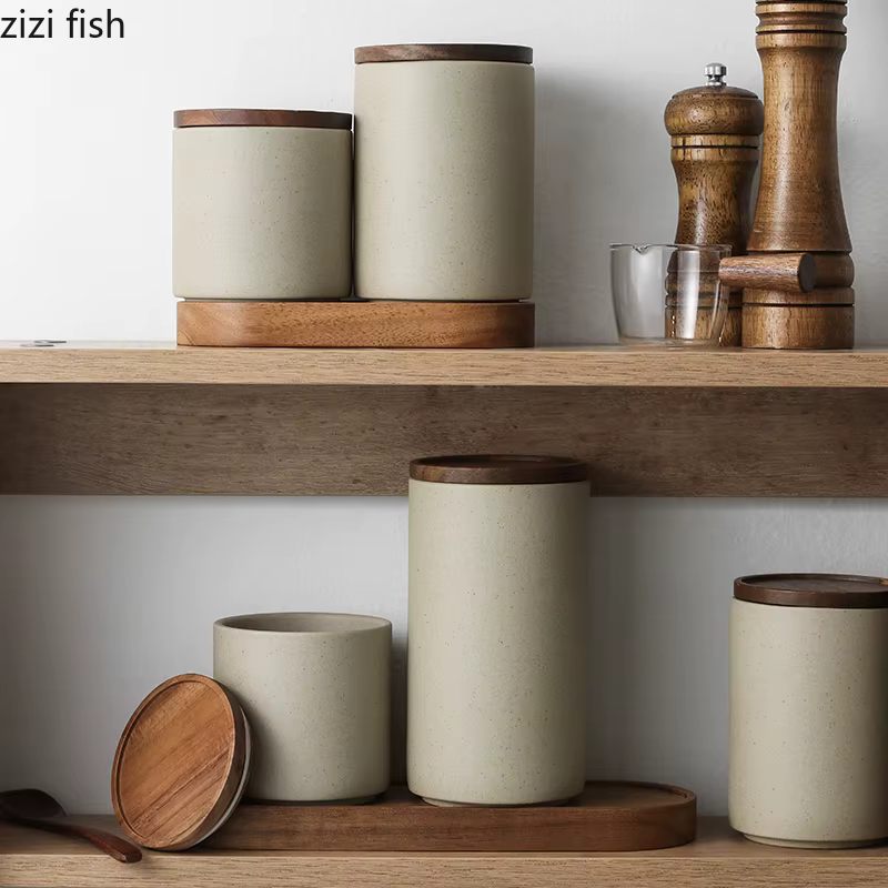Bocaux de Rangement Rétro en Céramique avec Couvercle en Bois