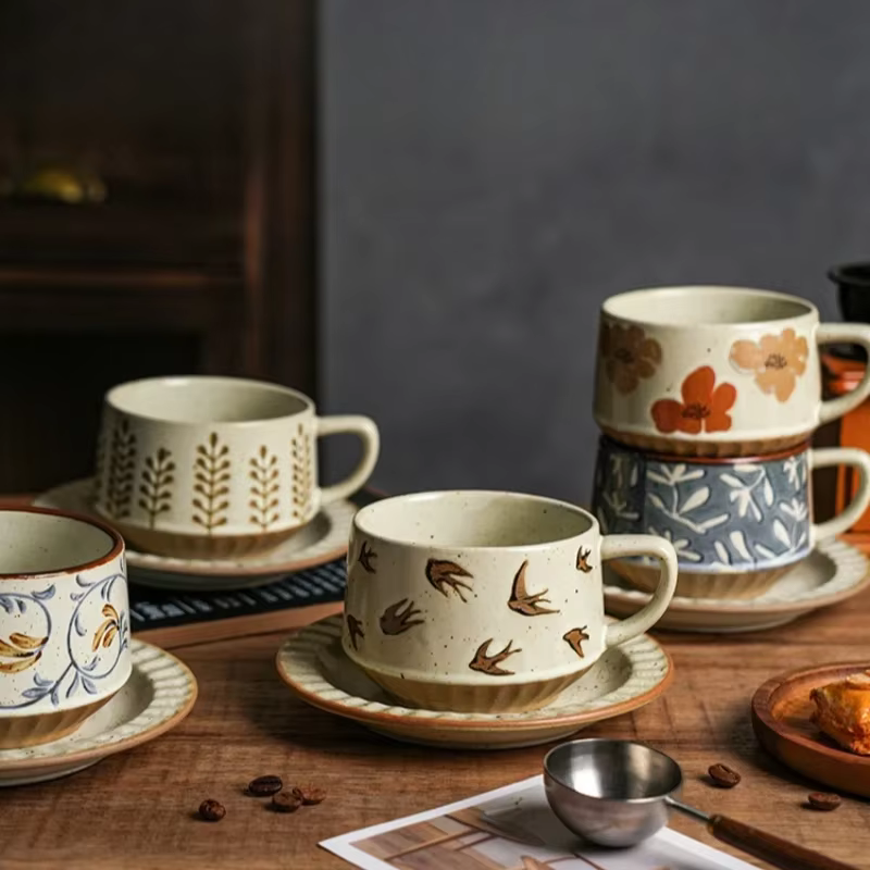 Ensemble de tasses à café et soucoupes rétro haut de gamme