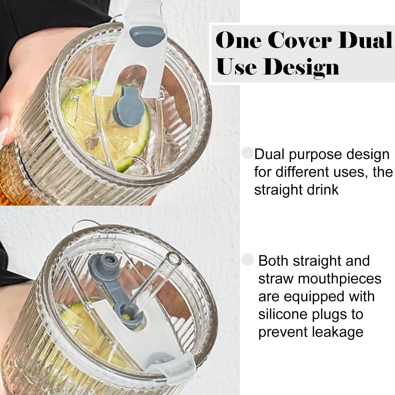 Lot de 2 gobelets en verre côtelé transparent de 20 oz avec paille et couvercle