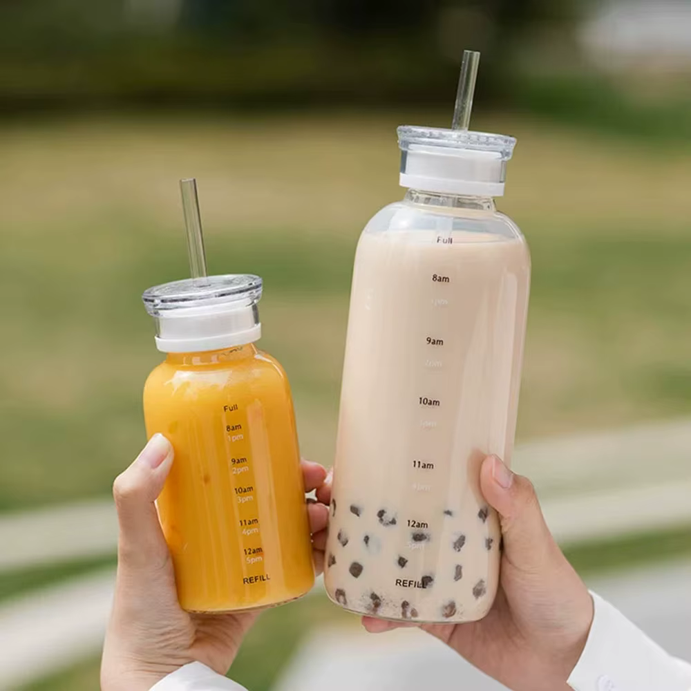Bouteille d'eau en verre grande capacité 300/500/750 ml avec paille