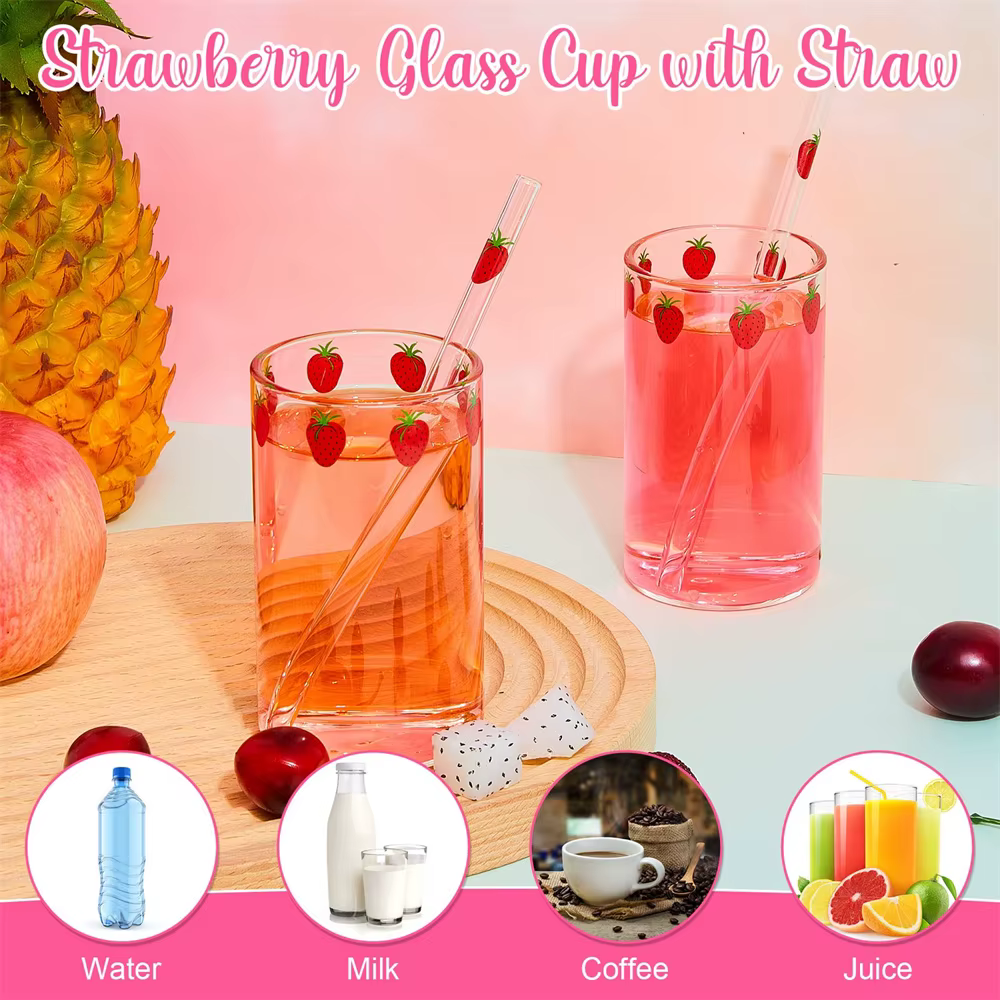 1pc Tasse en verre mignonne à motif fraise avec paille 300ml, Tasse à eau transparente créative, Tasse en verre résistante à la chaleur pour étudiant, pour lait et jus
