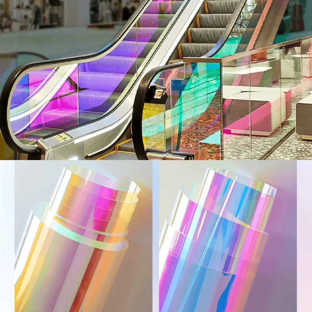 Teinte de fenêtre en verre de bâtiment dichroïque caméléon, Film décoratif coloré découpé UV pour centre commercial et bureau, vitrail auto-adhésif