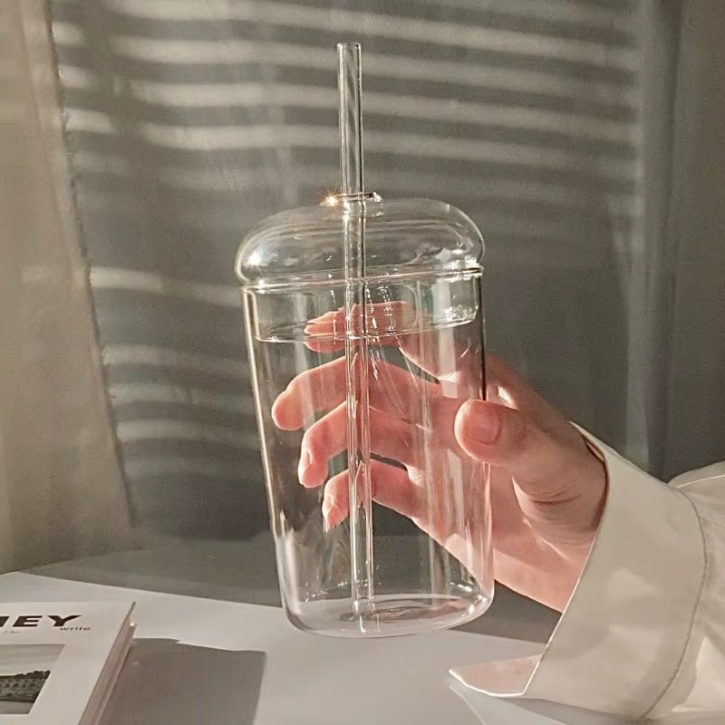 Tasse en verre avec couvercle et paille de 450ML