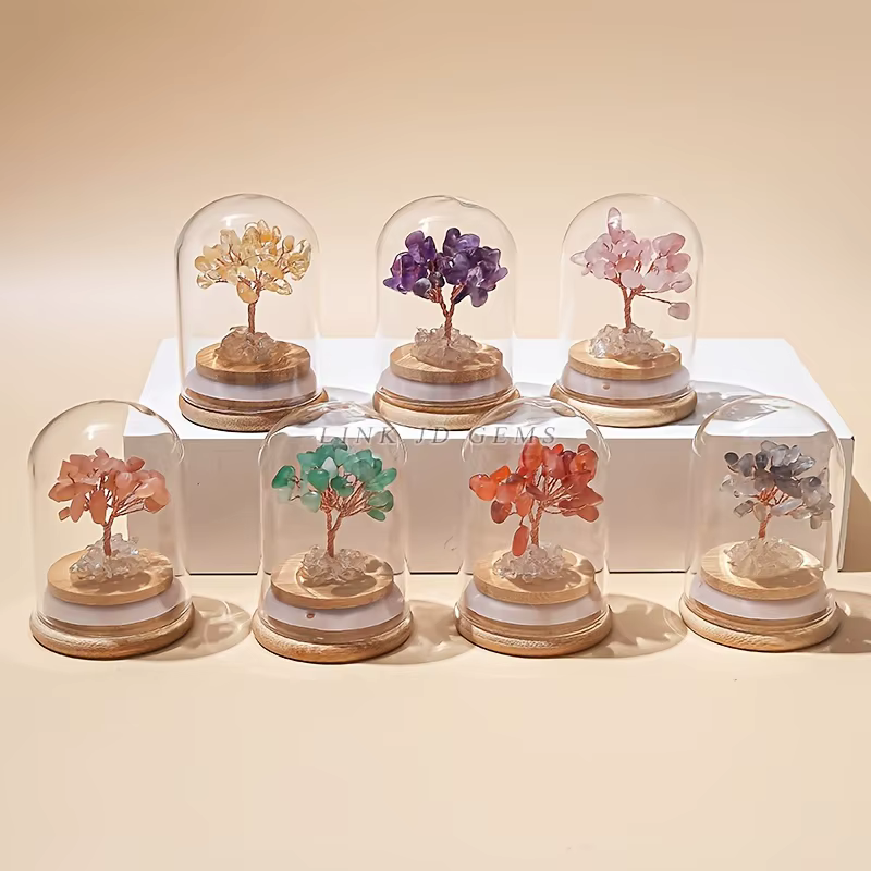 Ornement Bouteille des Vœux Arbre de Richesse en Pierre Naturelle Concassée avec Couvercle en Verre, Décoration de Bureau, Cadeau