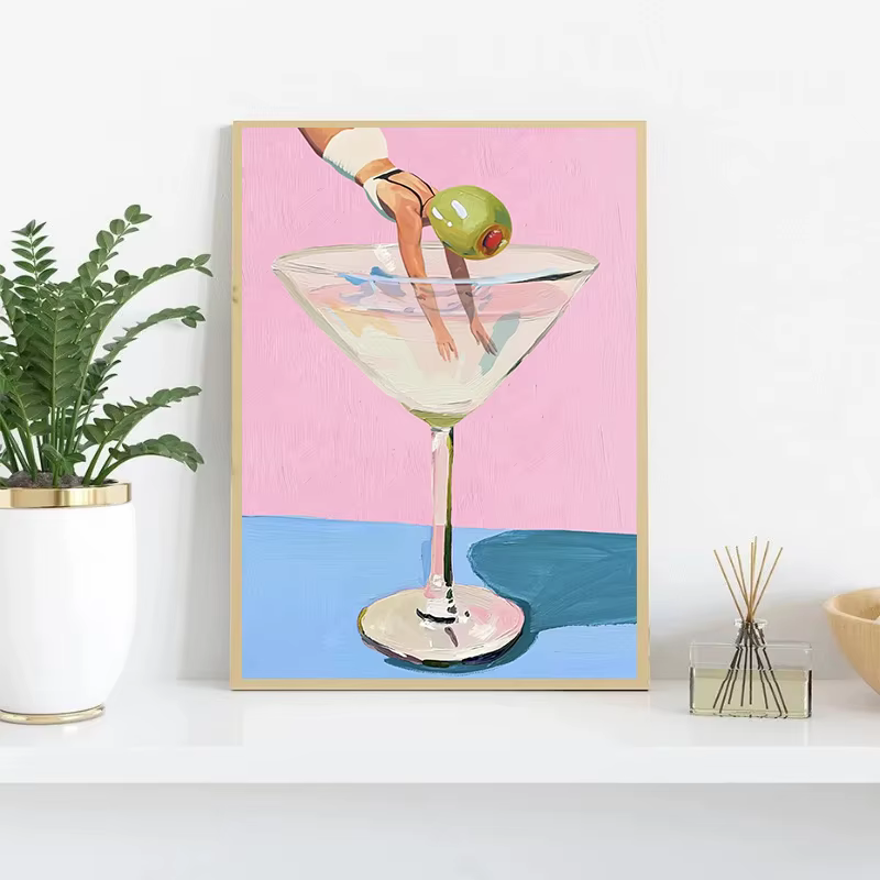 Café Martini Cocktail Margarita boisson fille sautant dans le verre à vin affiche amusante impression sur toile mur Art Bar Club cuisine décor
