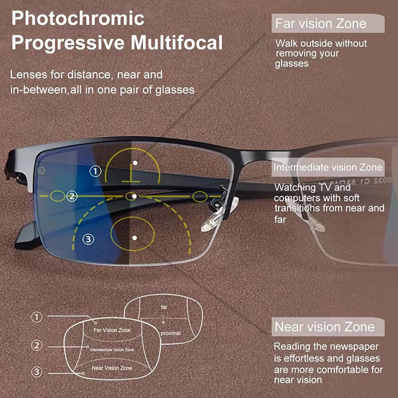 Lunettes de lecture multifocales photochromiques pour hommes avec fonctions de vision de près et de loin, zoom intelligent et verres anti-lumière bleue