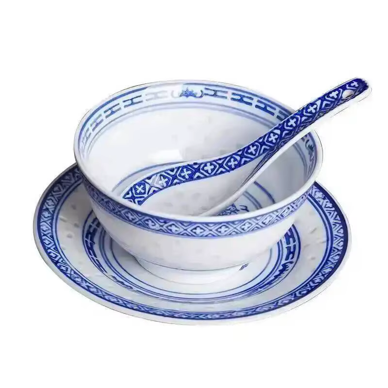 Lot de 3 bols à dessert bleus et blancs avec cuillères, vaisselle de table