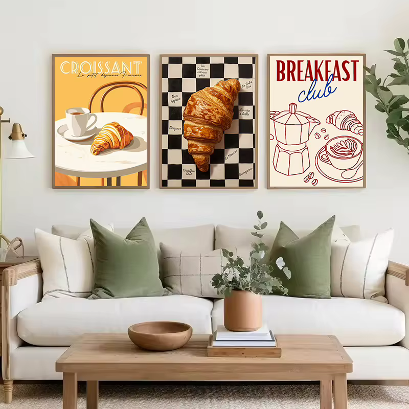 Style rétro Croissant & café petit déjeuner français cuisine nourriture affiche toile peinture mur Art photos maison