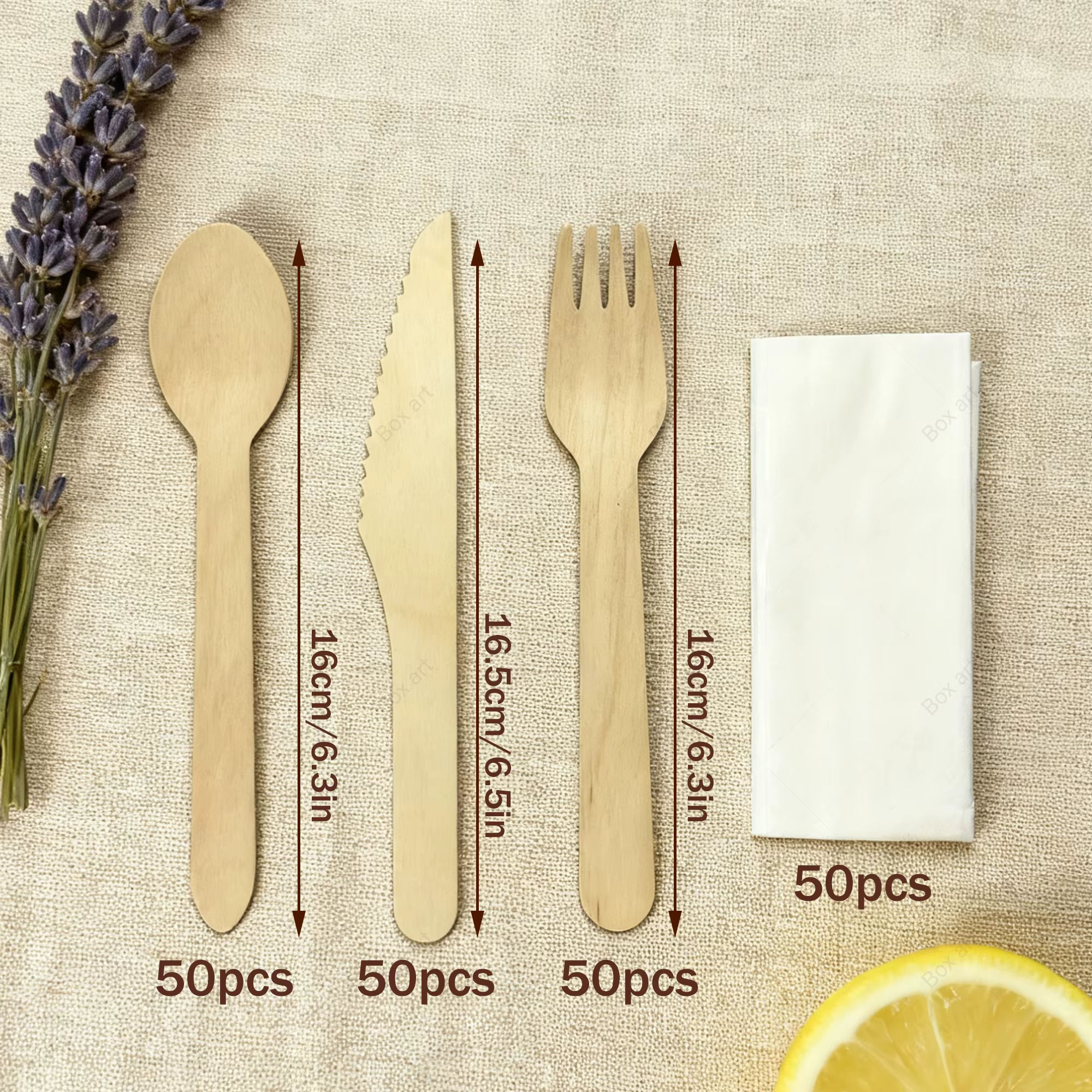Ensemble de couverts jetables en bois de 50 pièces (couteau + fourchette + cuillère + serviette) fabriqués