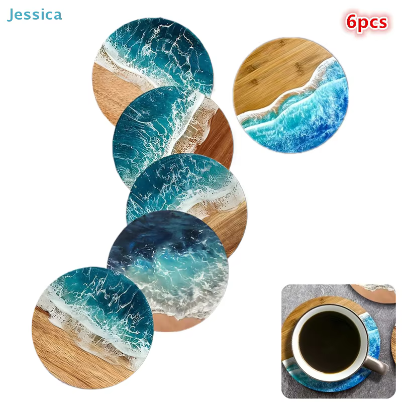 ♥ Ensemble de sous-verres océan vague et Grain de bois