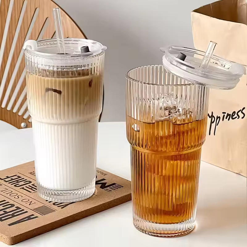Tasse à café en verre à rayures de grande capacité