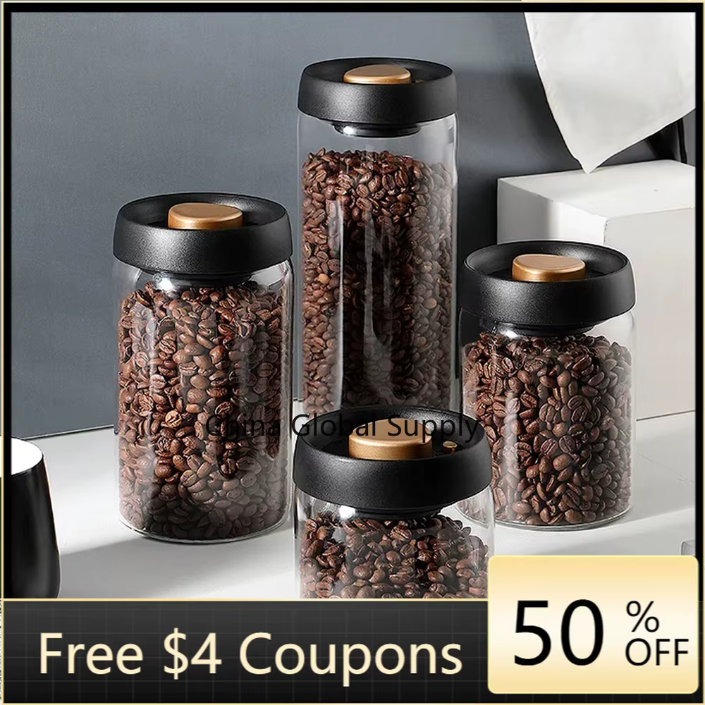 1 boîte de rangement pour grains de café avec couvercle hermétique et système de pression sous vide en verre