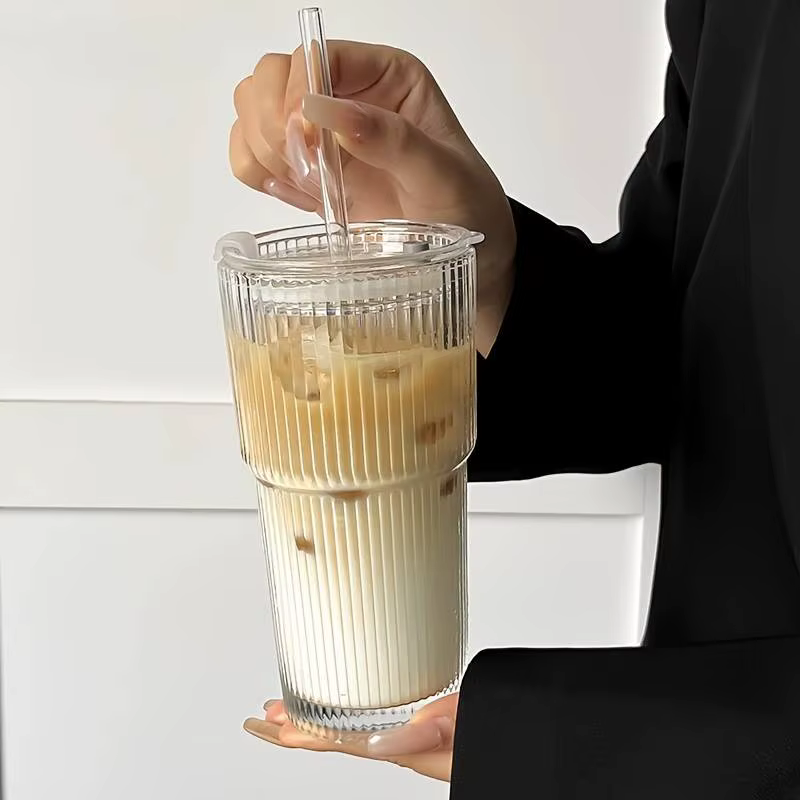 Tasse à café en verre à rayures de grande capacité