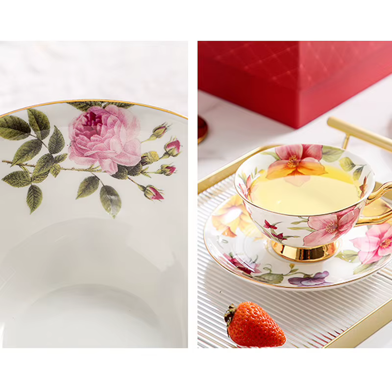 Sophia China-Tasse à café et soucoupe en porcelaine à bord doré