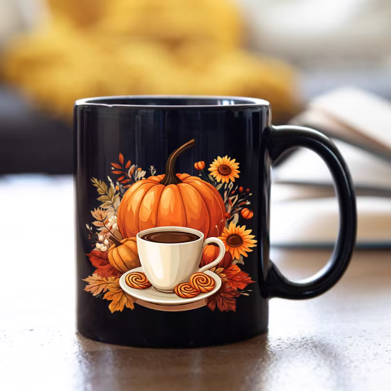 Tasse à café en céramique avec motif de citrouille noire et de fleurs d'automne
