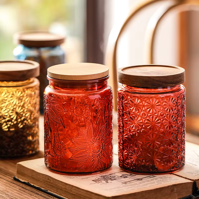 Pot scellé en verre floral rouge vintage
