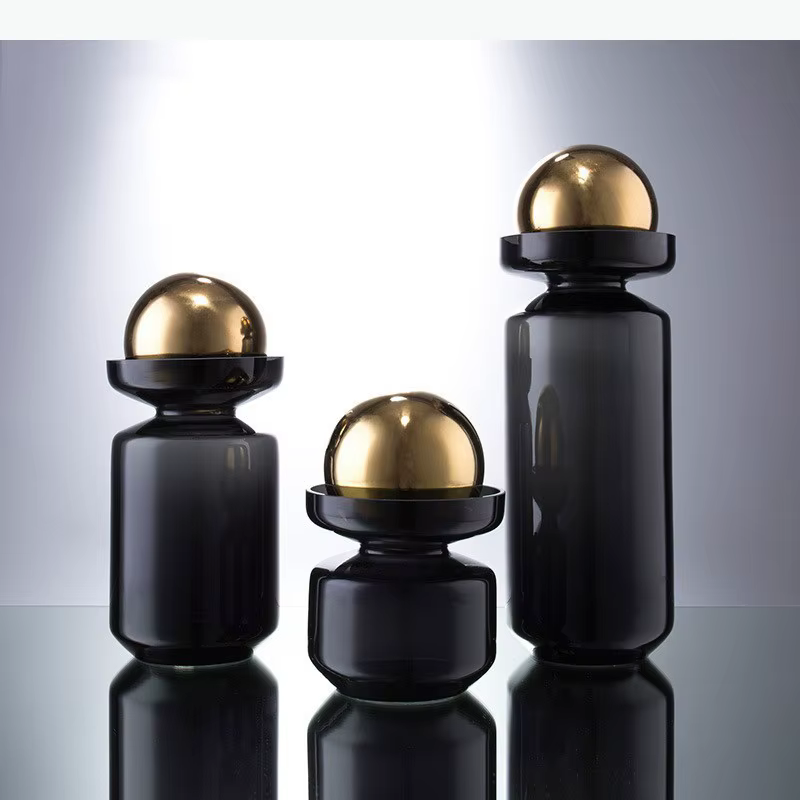 Vase en verre noir avec couvercle en boule dorée, décoration de bureau, arrangement floral, pots de fleurs hydroponiques, décoration esthétique florale pour la pièce