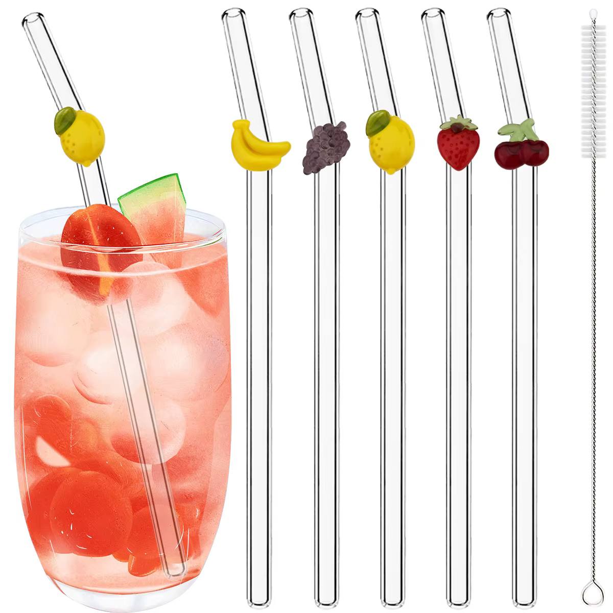 Ensemble de pailles en verre à haute teneur en Borosilicate, 5 pièces, autocollants créatifs pour fruits, thé au lait, jus, paille à Cocktail avec brosse, accessoires de Bar