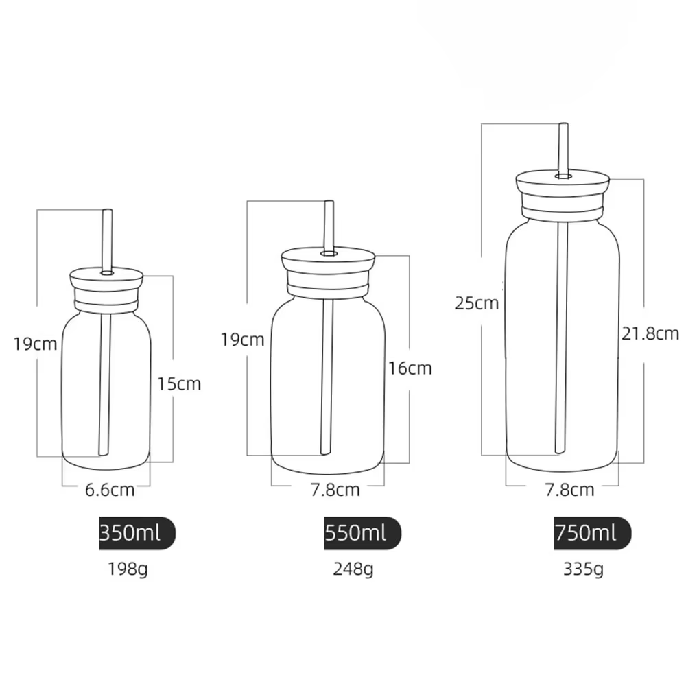 Bouteille d'eau en verre grande capacité 300/500/750 ml avec paille