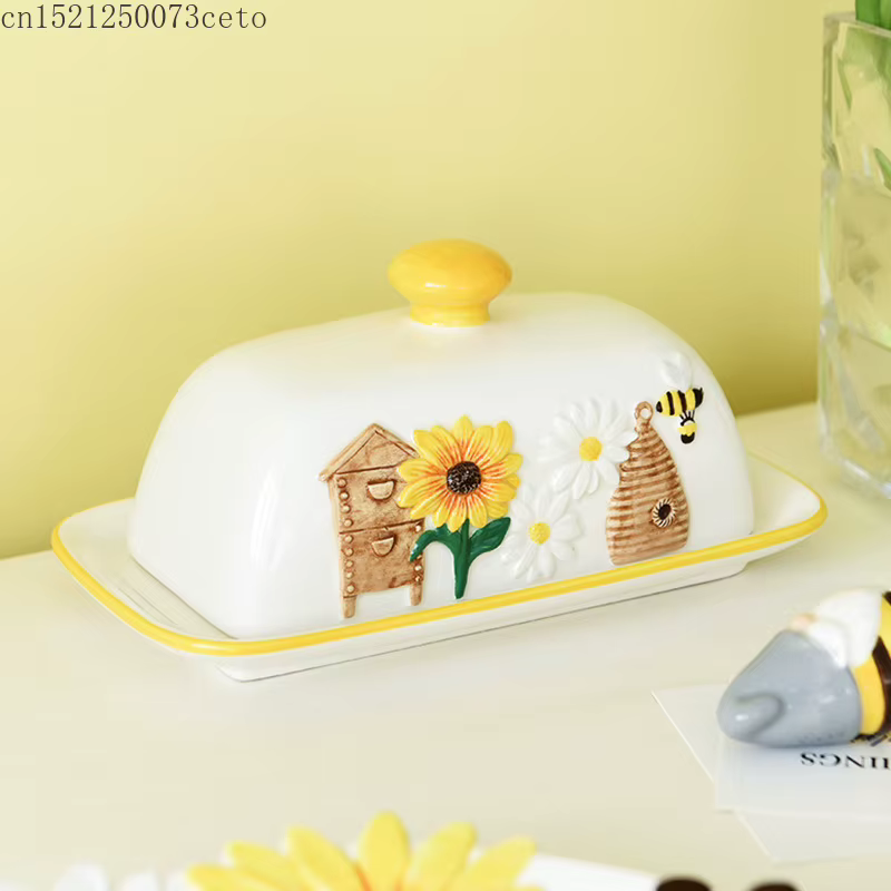 Plat à beurre en céramique plat à Dessert Snack gâteau assiette plats créatif abeille tournesol beurre assiette décoration de la maison vaisselle en céramique