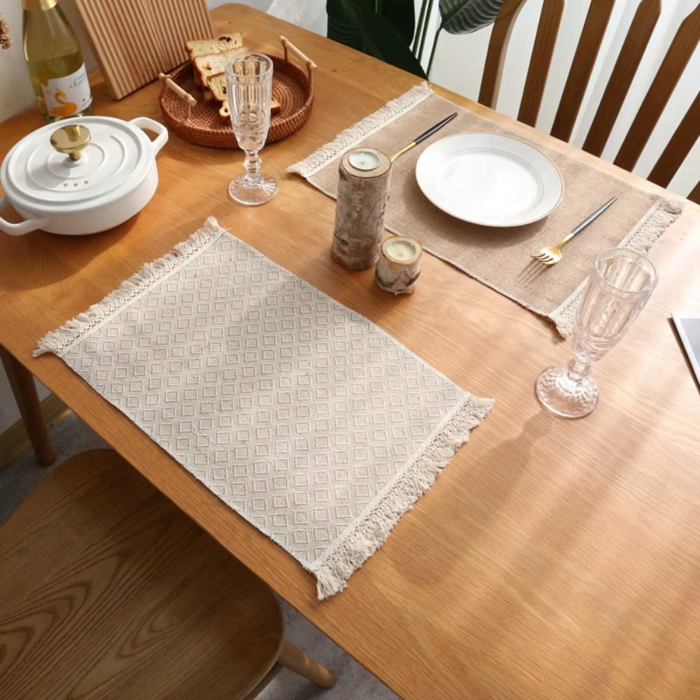 Napperons en lin kaki, tapis de Table à dîner avec dentelle
